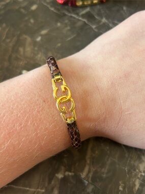 Florence Italy Bracelet 24K Gold Plated Brown Snakeskin Leather GG Closure